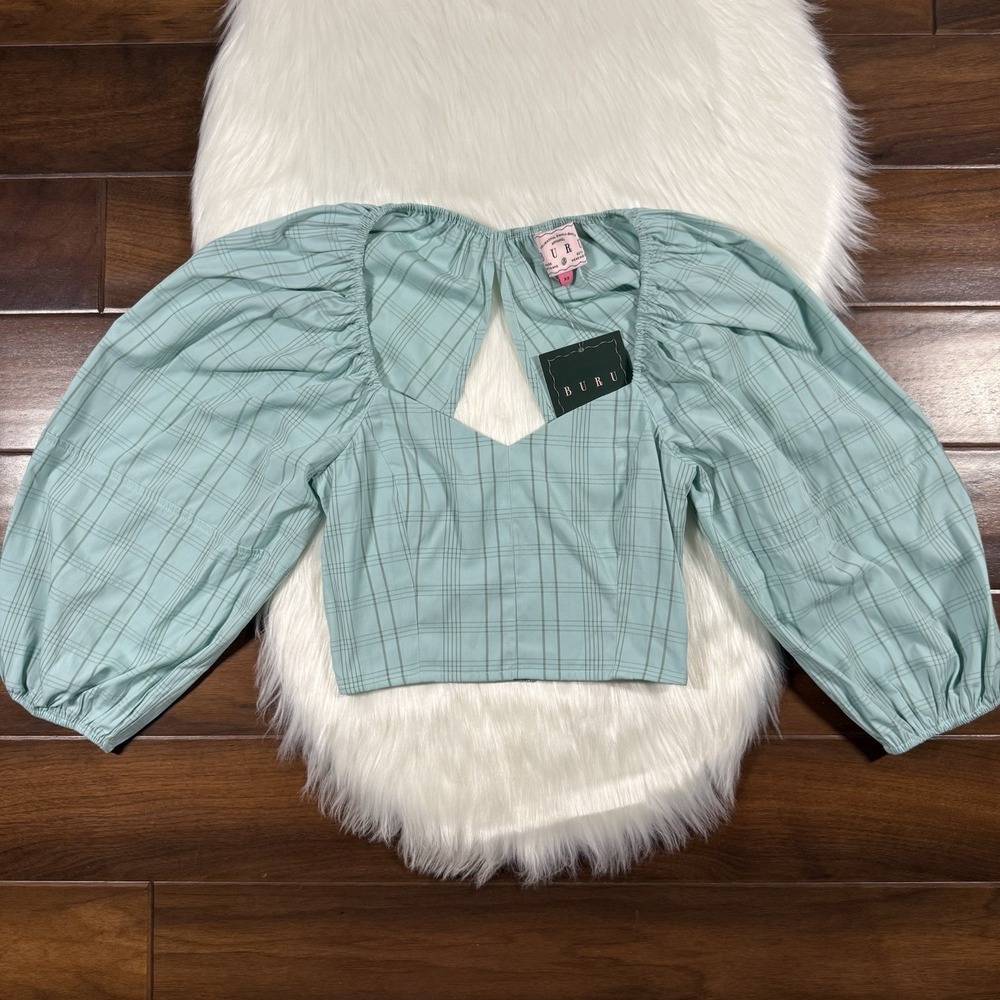 Buru Size XS Aqua Stripe Sweetheart Neck Balloon Sleeve Bustier Cropped Top